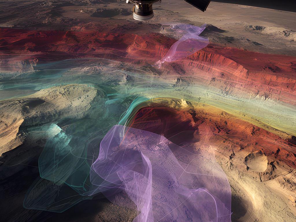 Superficie planetaria studiata da strumenti remoti con mappe geologiche sovrapposte