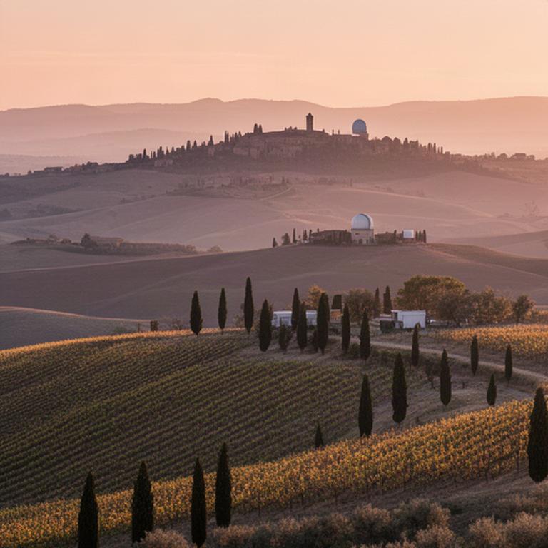 Colline di Montepulciano in Toscana viste al tramonto, sede operativa per la ricerca spaziale