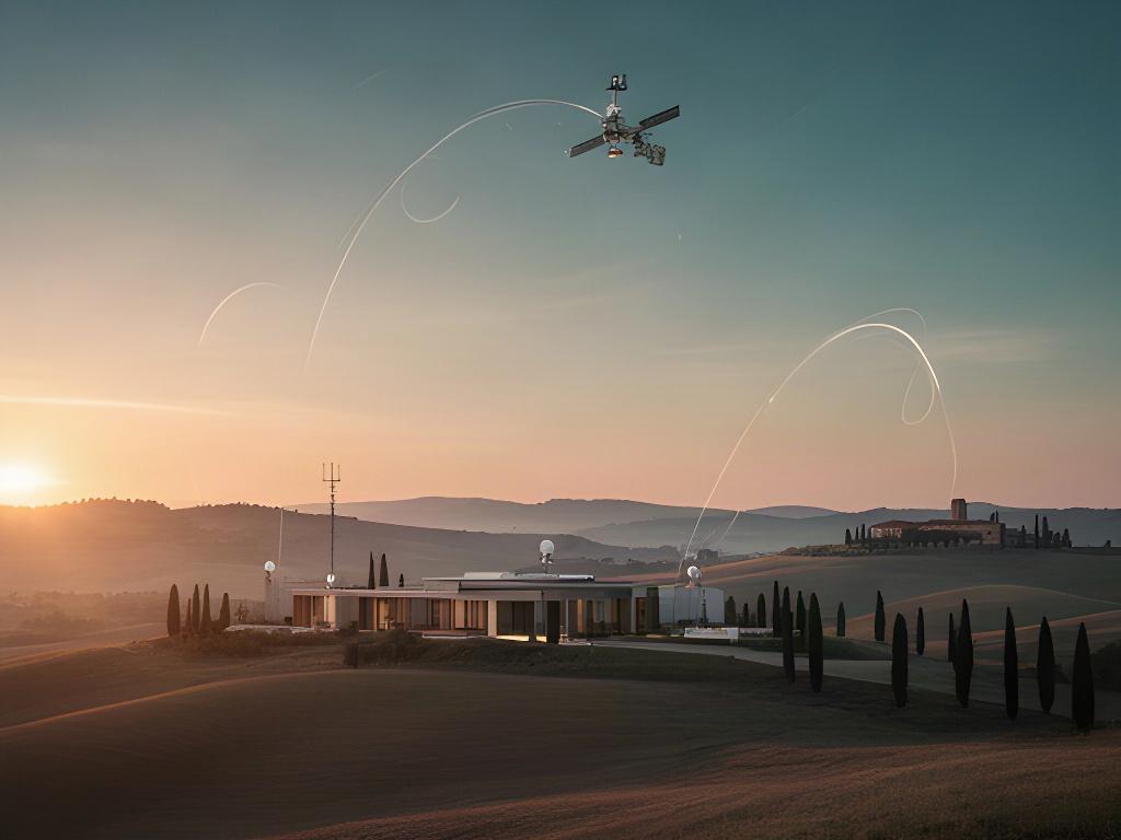 Edificio di ricerca sulle colline toscane al tramonto, con collegamenti verso una stazione spaziale